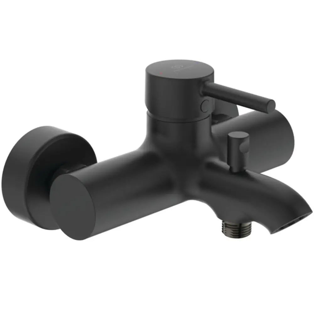 Schwarze Badarmatur von Ideal Standard mit einem runden Kopf und einem seitlichen Hebel, ausgestattet mit einem Wasserabfluss und einer Montagefläche.